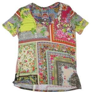 Johnny Was Anika Patchwork Floral V-Neck Swing Tee Top, Multi, Sz Small